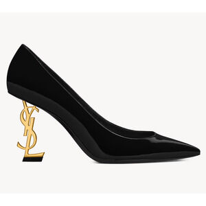 Saint Laurent Opyum 85 Black Patent Leather Gold YSL Logo Pointed Heel Pump 36
